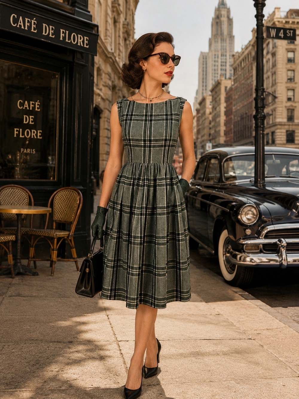 SAINT GERALDINE Women's Fit & Flare Green Navy Plaid Sleeveless Midi Dress L